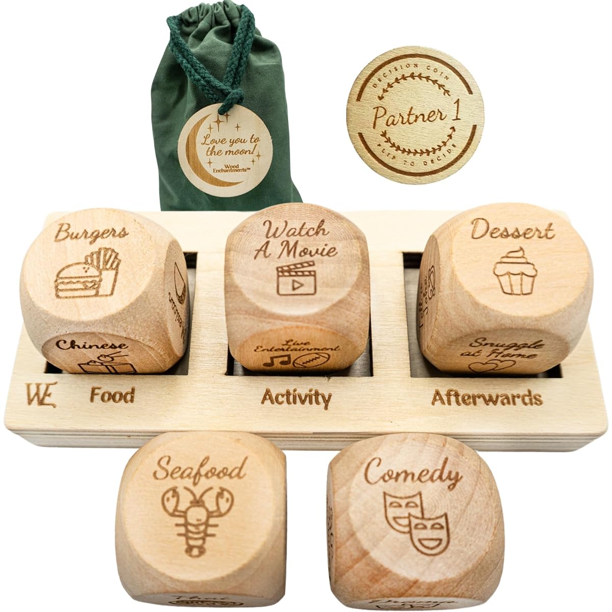 Deluxe Wooden Date Night Dice Set - Fun Romantic Game for Couples - 4 Engraved Dice, Elegant Board & Carry Bag for Valentine's, Anniversary, Special Nights - Food Dice Boyfriend Girlfriend