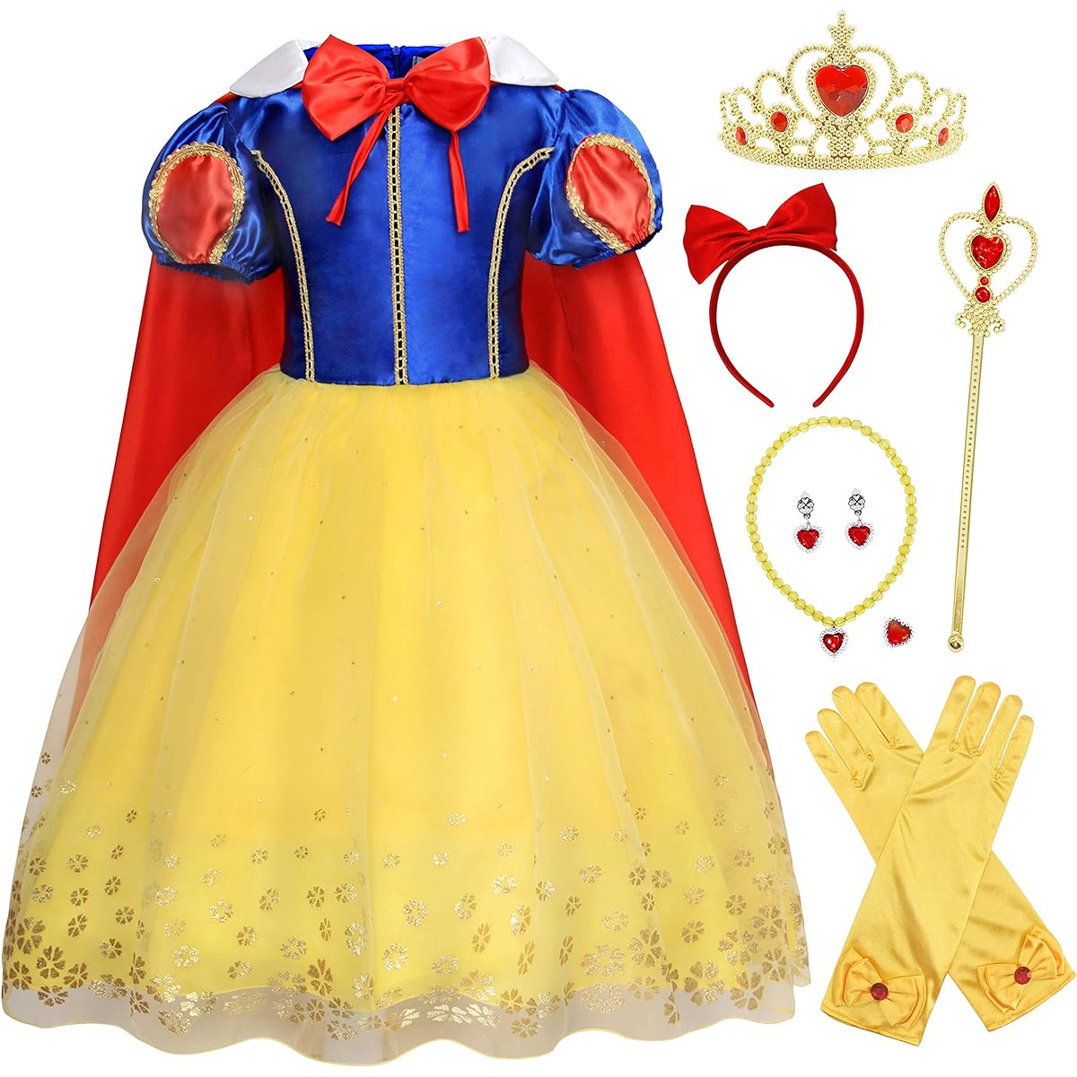 Cotrio Princess Costume Girls Birthday Party Dress Kids Halloween Costume Dress Up Size 10 (9-10 Years Old Yellow 140 Headband/Gloves Tiara/Stepper/Necklace/Ring/Earrings)