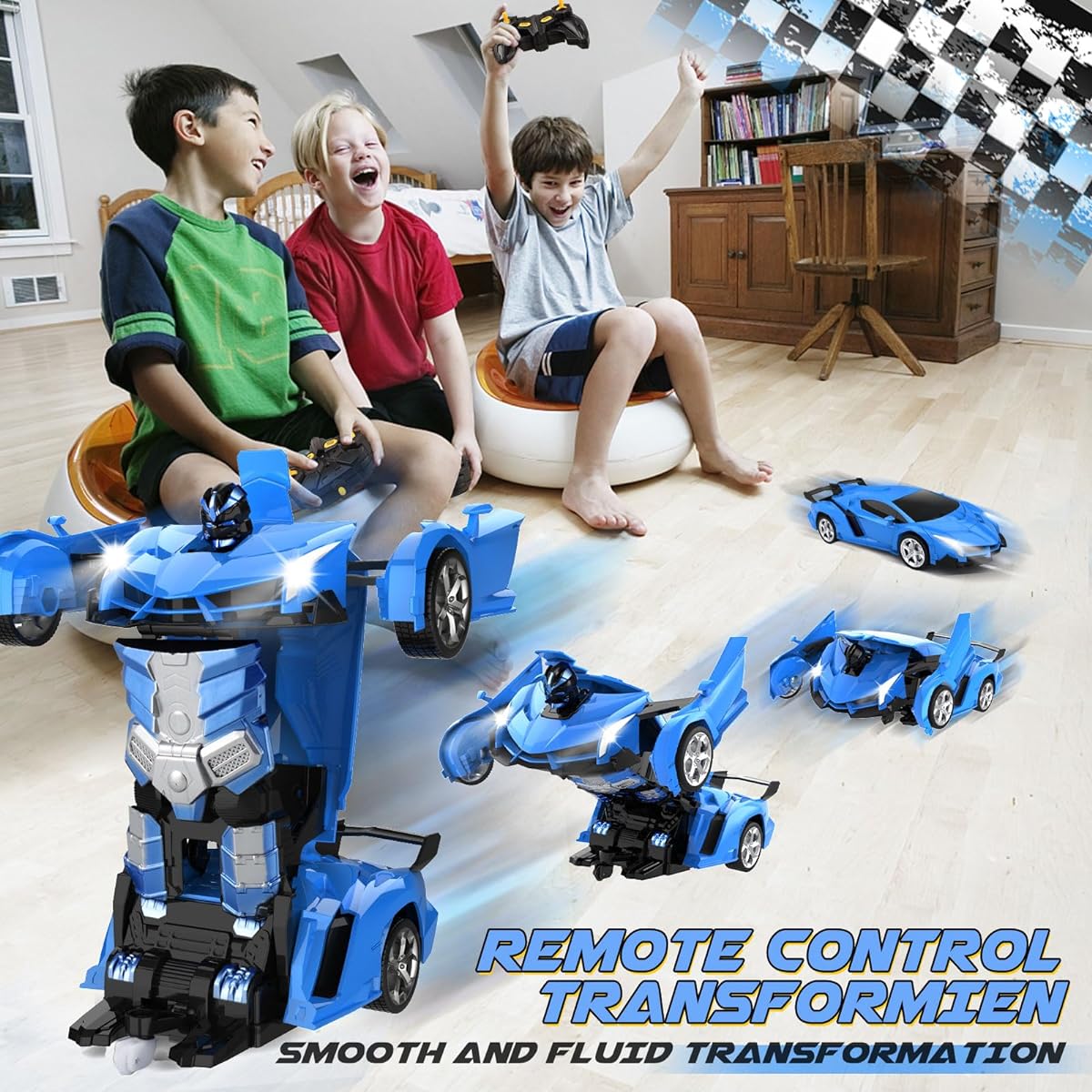 Britik Transform Remote Control Car RC Car One Button Transform 360 Degree Rotation Drift 2.4Ghz 1:18 Scale for 4-6 Year Old Boys Girls Gift Blue
