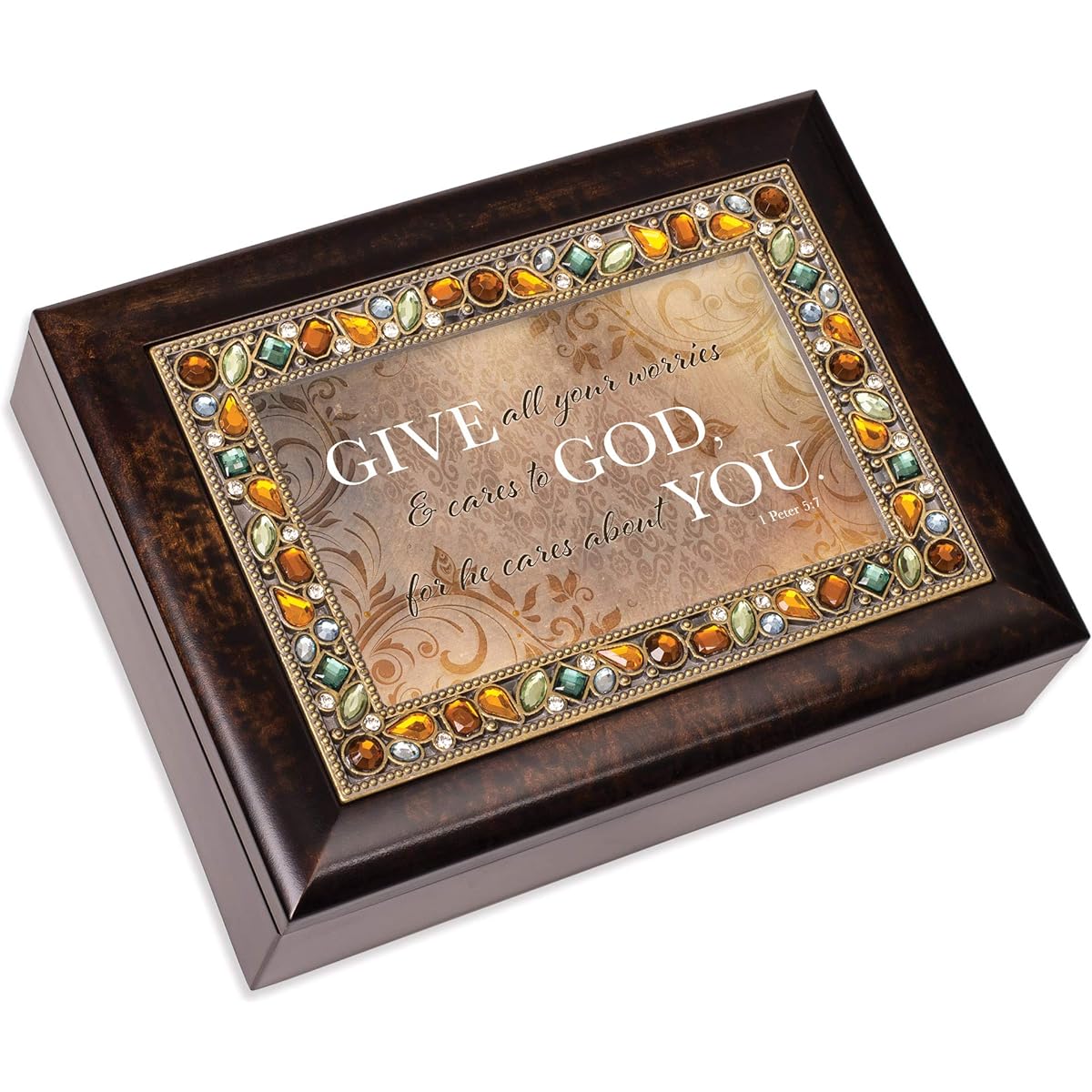 Cottage Garden Give All Worries & Cares Amber 9 x 7 inch MDF Wooden Music Box with Curved Amazing Grace