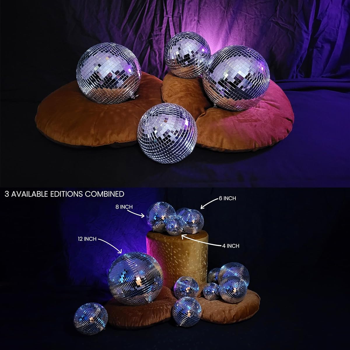 SPARKLINGBALLS - Set of 4 Large Silver Disco Balls - 2 8" Mirror Balls and 2 6" Mirror Balls - Large Hanging Disco Ball Home Decoration - Small Funky Disco Ball Bulk Party Decorations