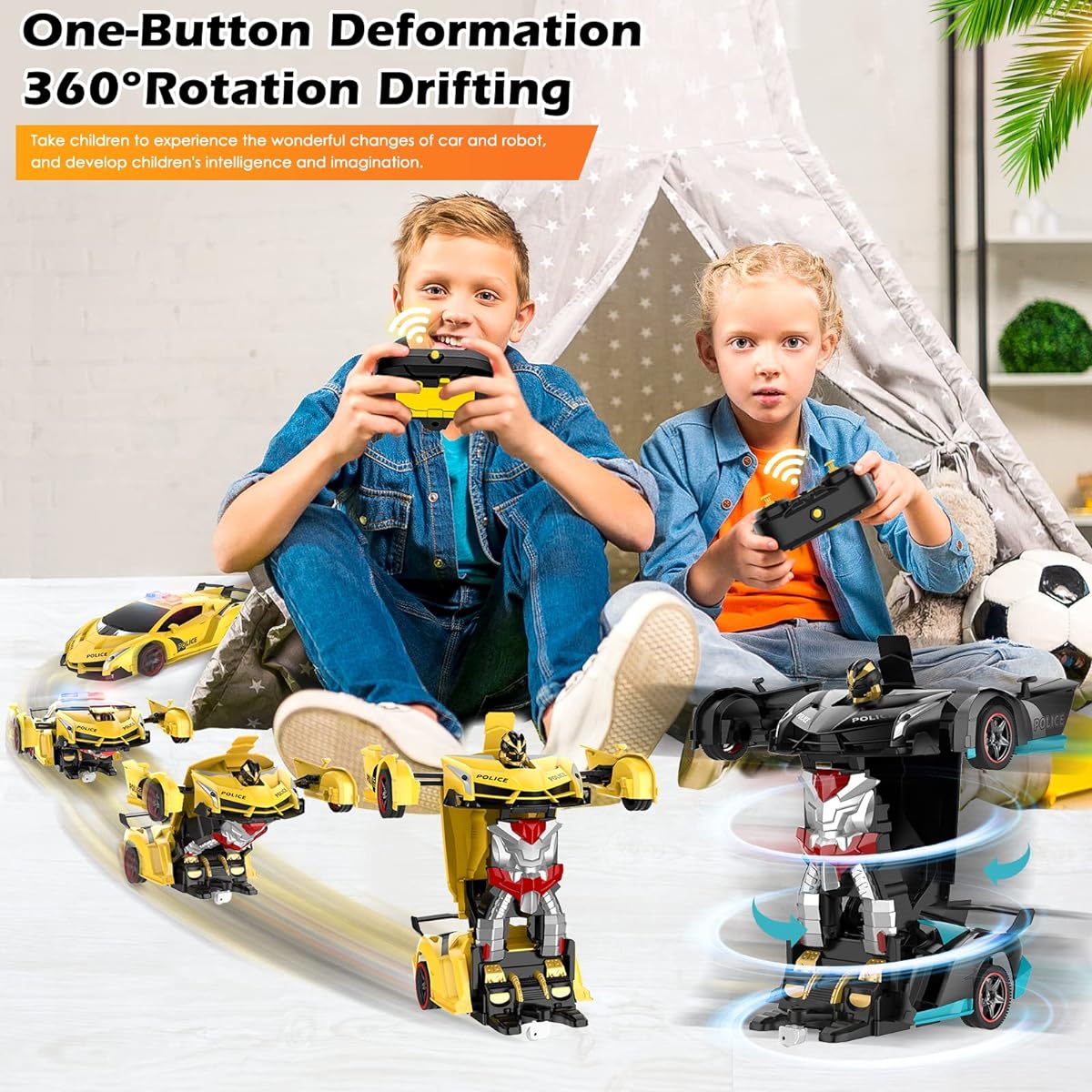 Febyhim Remote Control Car 2.4Ghz Transform RC Car 1:18 Scale Police Car Toy with Flashing Lights One Button Transformation 360 Degree Rotation Drift Toy for Boys 4-7 Years Old