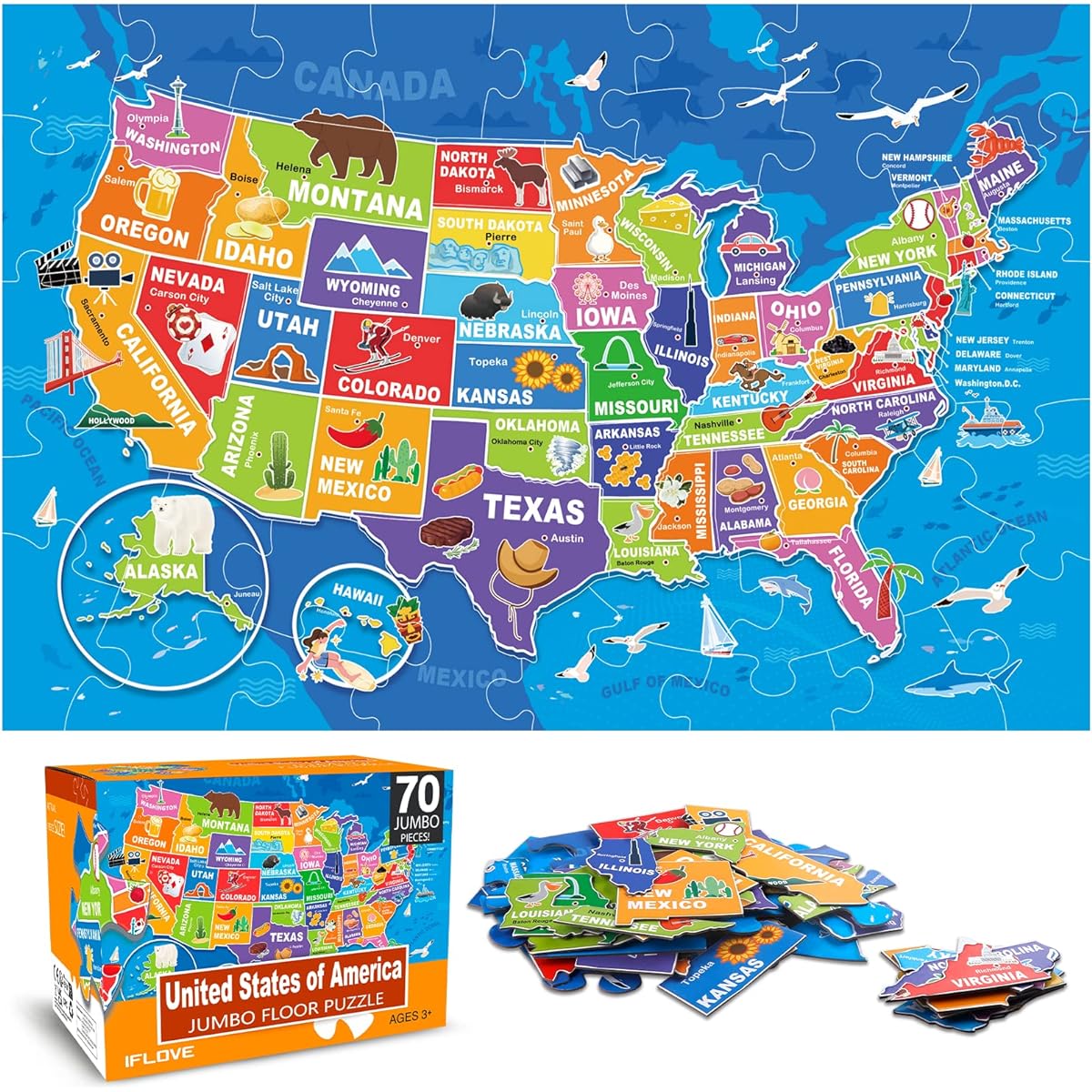 Jumbo Floor Puzzle for Kids USA Map Puzzle Jigsaw Puzzle Geography Puzzle 70 Pieces United States Map Puzzle 50 States Capitals United States Puzzle for 3-5 Year Olds Preschool Learning Toys Gifts for 4-8 Year Olds