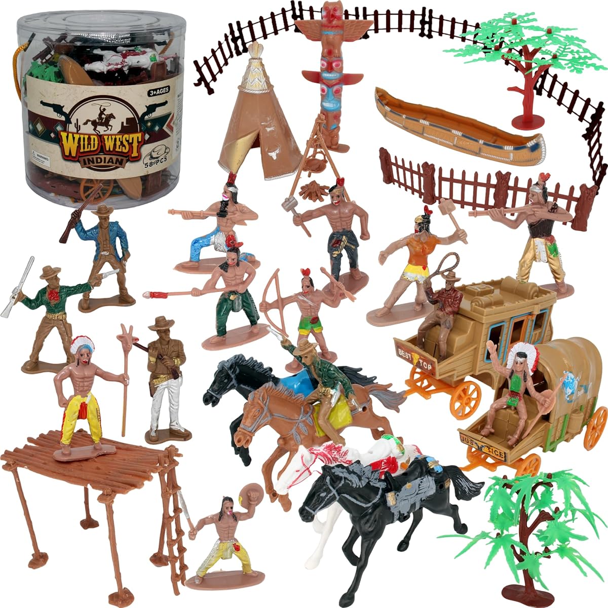 PowerTRC Wild West Native American Indian and Cowboy Playset | 58 Piece Plastic Toy Figures Soldiers and Props | Western Theme Bundle | Great Gift for Boys and Girls Ages 3 and Up
