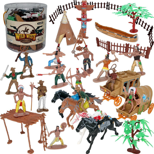 PowerTRC Wild West Native American Indian and Cowboy Playset | 58 Piece Plastic Toy Figures Soldiers and Props | Western Theme Bundle | Great Gift for Boys and Girls Ages 3 and Up