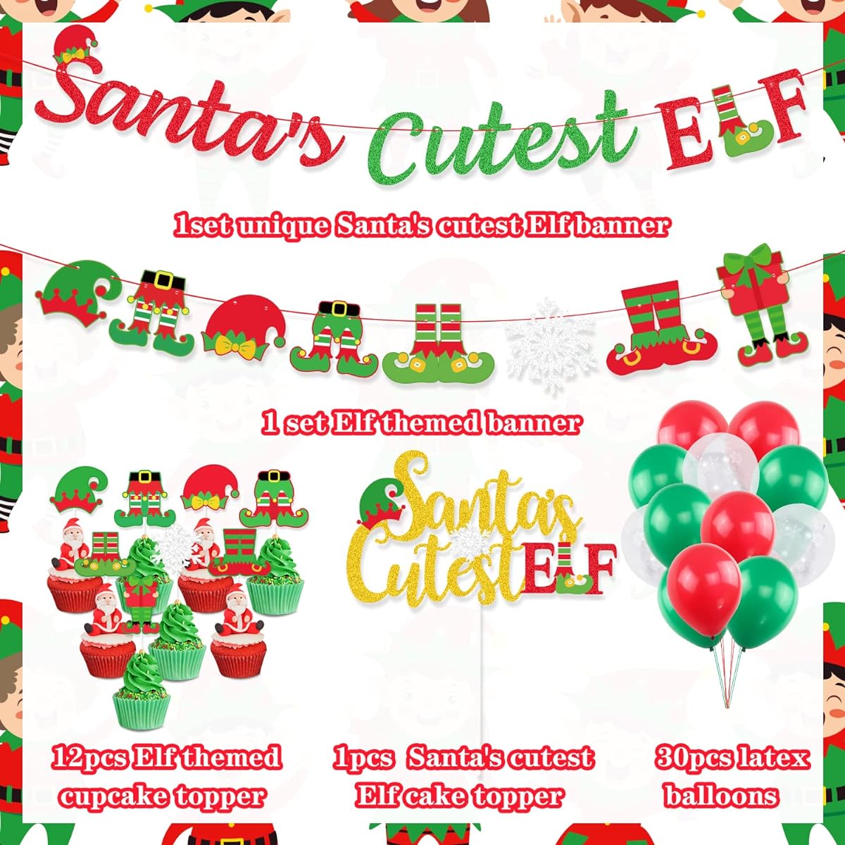 K KUMEED Elf Christmas Decorations Santa's Cute Elf Party Banner Snowflake Cake Topper Latex Balloons Christmas Party Supplies Christmas Decoration