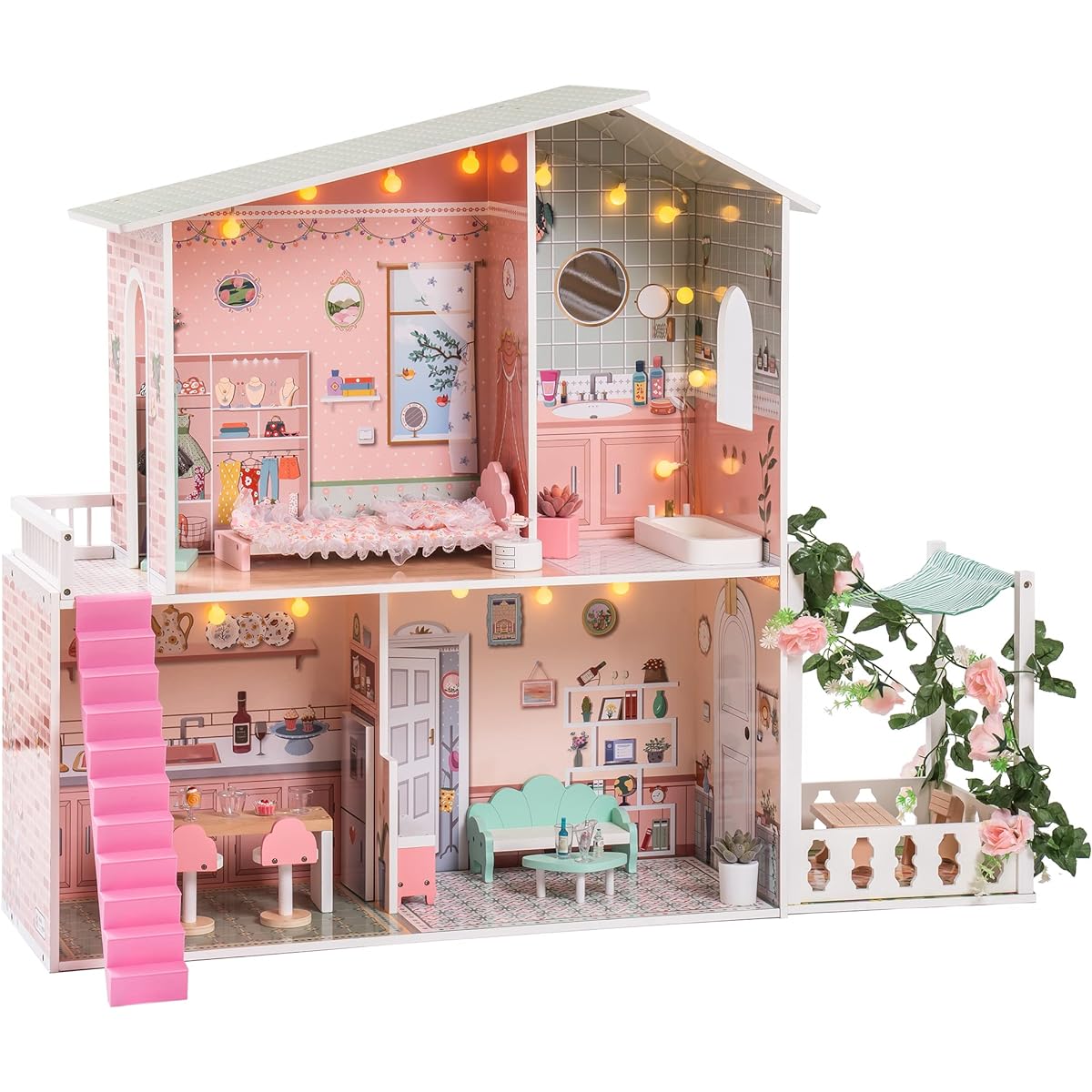 ROBUD Dollhouse Wooden Dollhouse for Kids Toddlers with Lights Garden Ladder Dollhouse Toy Gift for Ages 3+ Girls Boys Pink