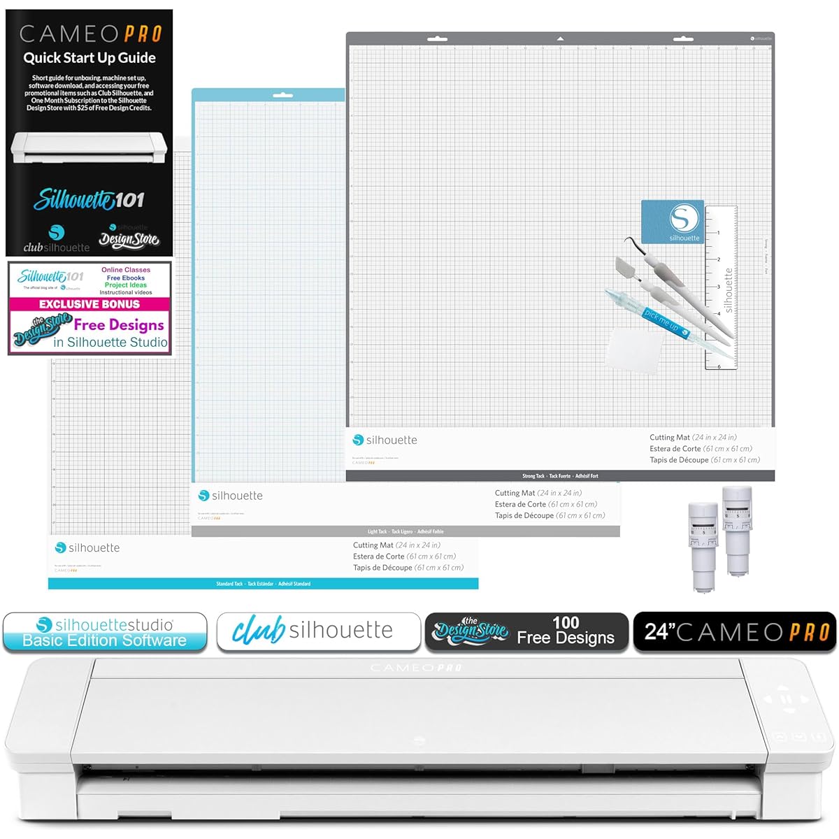 Silhouette Cameo 4 Pro Bundle with 4 Mats, 2 Auto Blurring, Deluxe Vinyl Tool Kit, Silhouette 101 Guide, and Bonus Designs