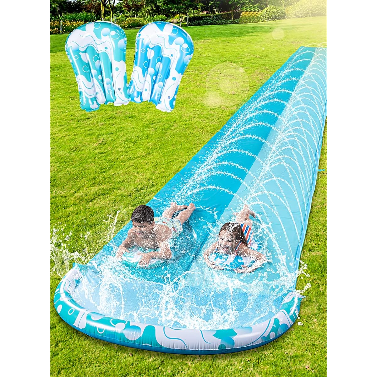 Sloosh 26' Double Water Slide, Heavy Duty Lawn Water Slide with Sprinkler and 2 Slip Inflatable Boards for Summer Yard Lawn Outdoor Water Play Activities, Light Blue