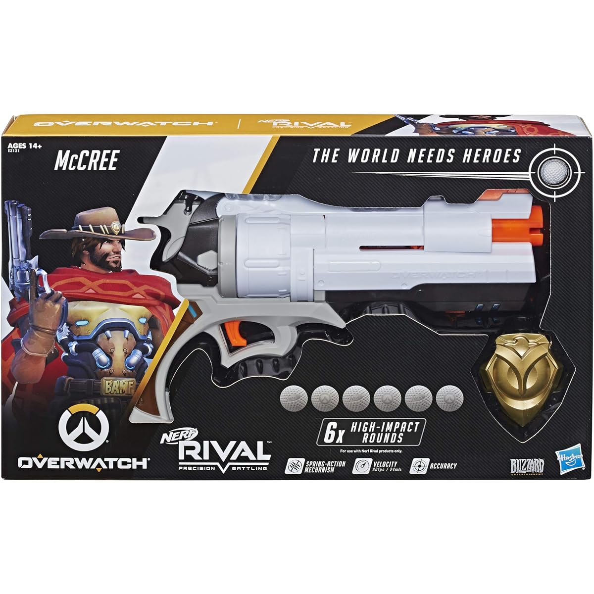 NERF Overwatch McCree Rival Blaster with Die Cast Badge & 6 Overwatch Rival Rounds