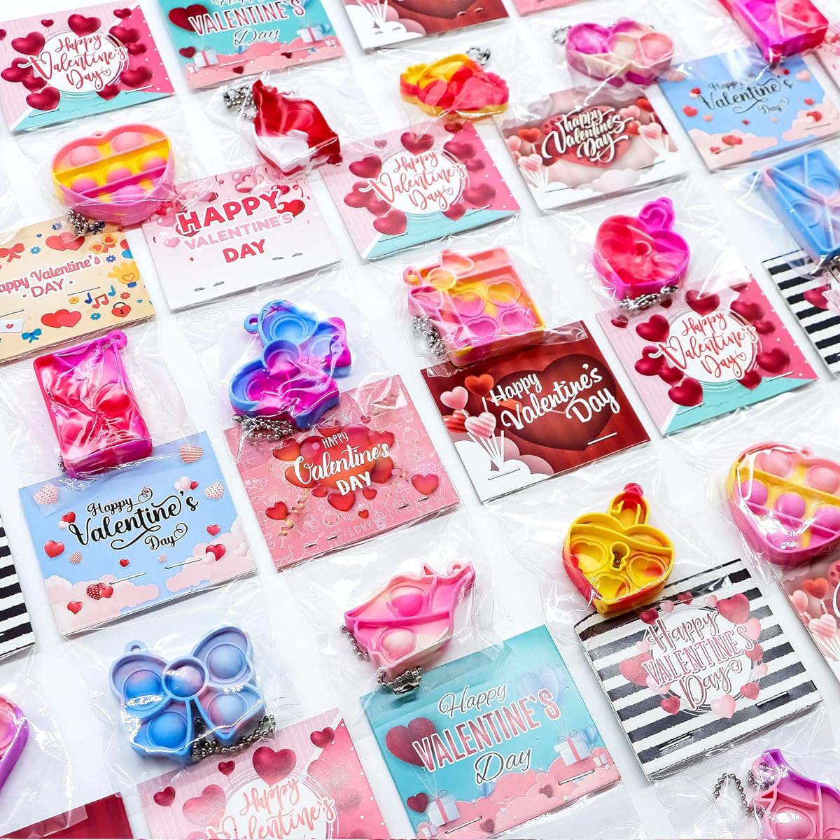 90 Prefilled Valentine Cards with Pop Fidget Toys, Bulk Valentine's Day Gifts, Valentine Exchange Gifts for Kids, Classroom/School Party Favors, Mini Pop Keychains, Valentine's Day Prize Toys