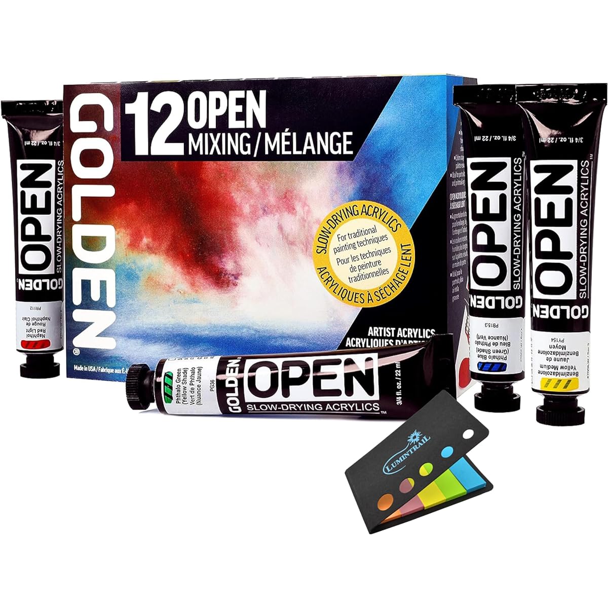 Lumintrail Golden OPEN Acrylic Paint Set Mixed Paint Set Slow Dry 12 Colors Golden Acrylic Paint Set Sticky Notes