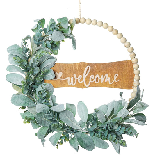 SWTHONY 16" Green Lamb's Ear Welcome Wreath for Front Door, Spring Summer Boho Wood Bead Green Eucalyptus Door Wreath with Welcome Sign, Indoor and Outdoor Decor, Faux Hanging Wall Plants