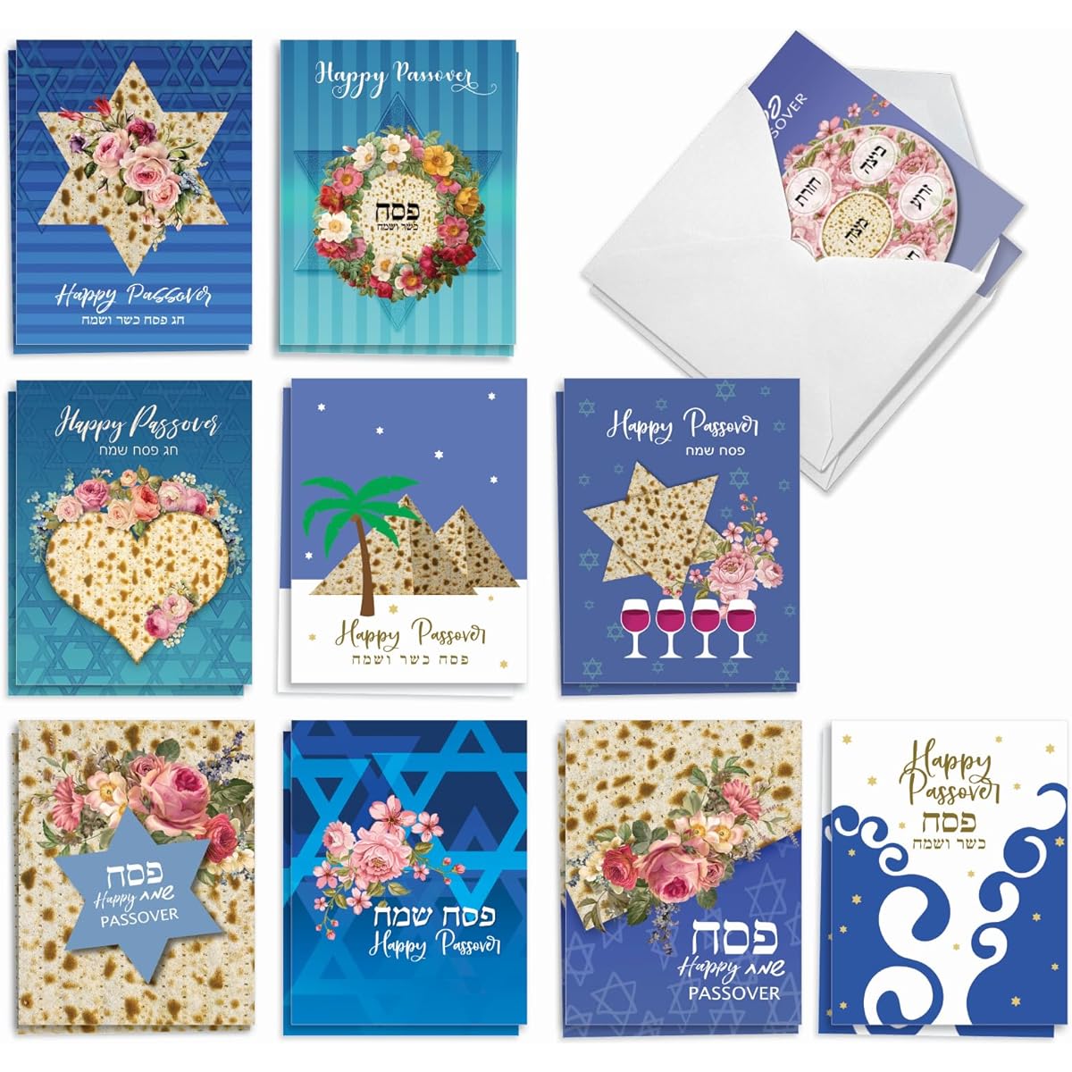 The Best Card Company - 20 Passover Notes Bulk Box Set 4 x 5.12 Inch with Envelopes (10 Designs, 2 of Each) Jewish Holiday Cards Matzo and More AM9159PAG-B2x10
