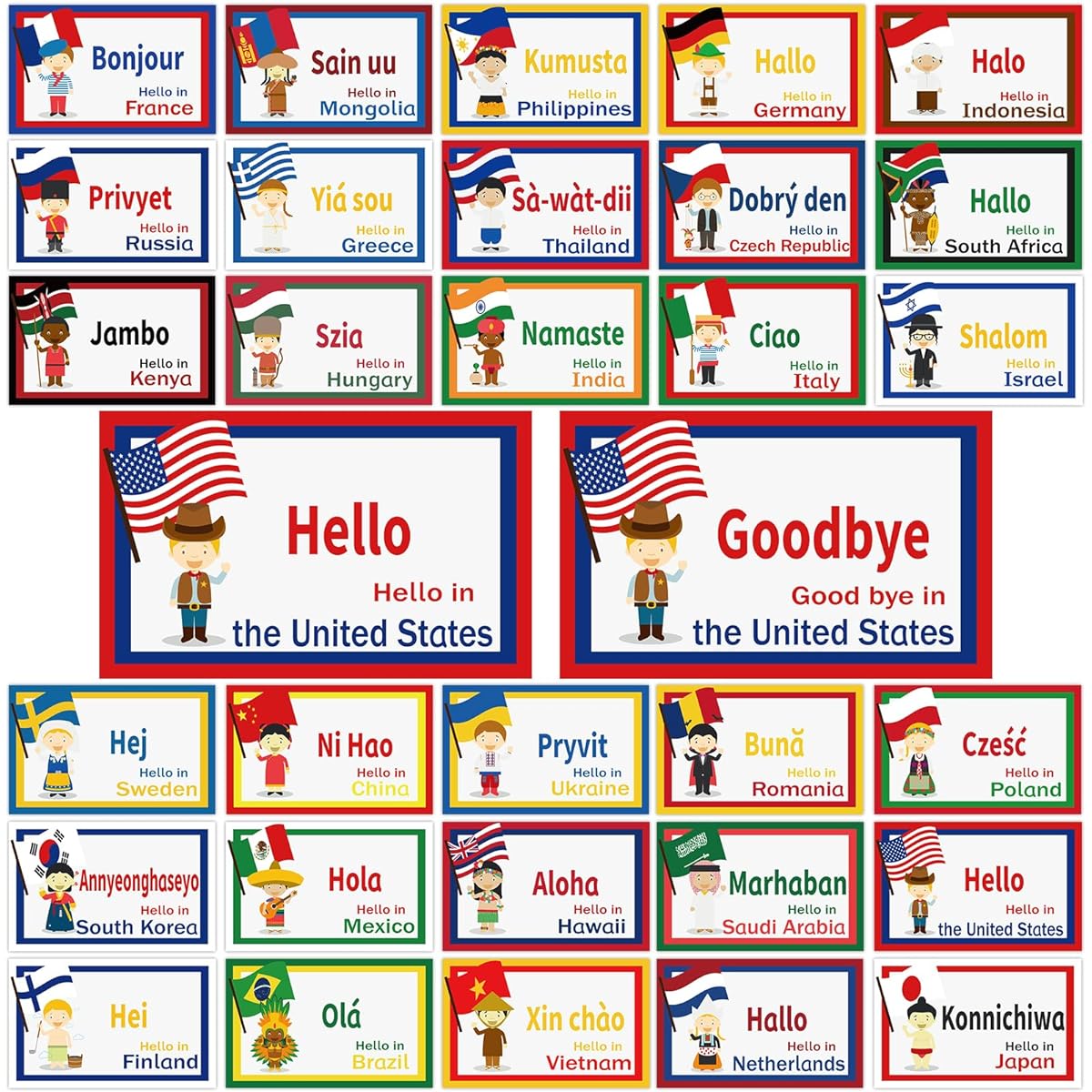gisgfim 30 Pieces Greetings from Around the World Cutouts Diversity Learning Language Classroom Decoration Multicultural Language Cutout Supplies for Classroom/School/Home Decoration