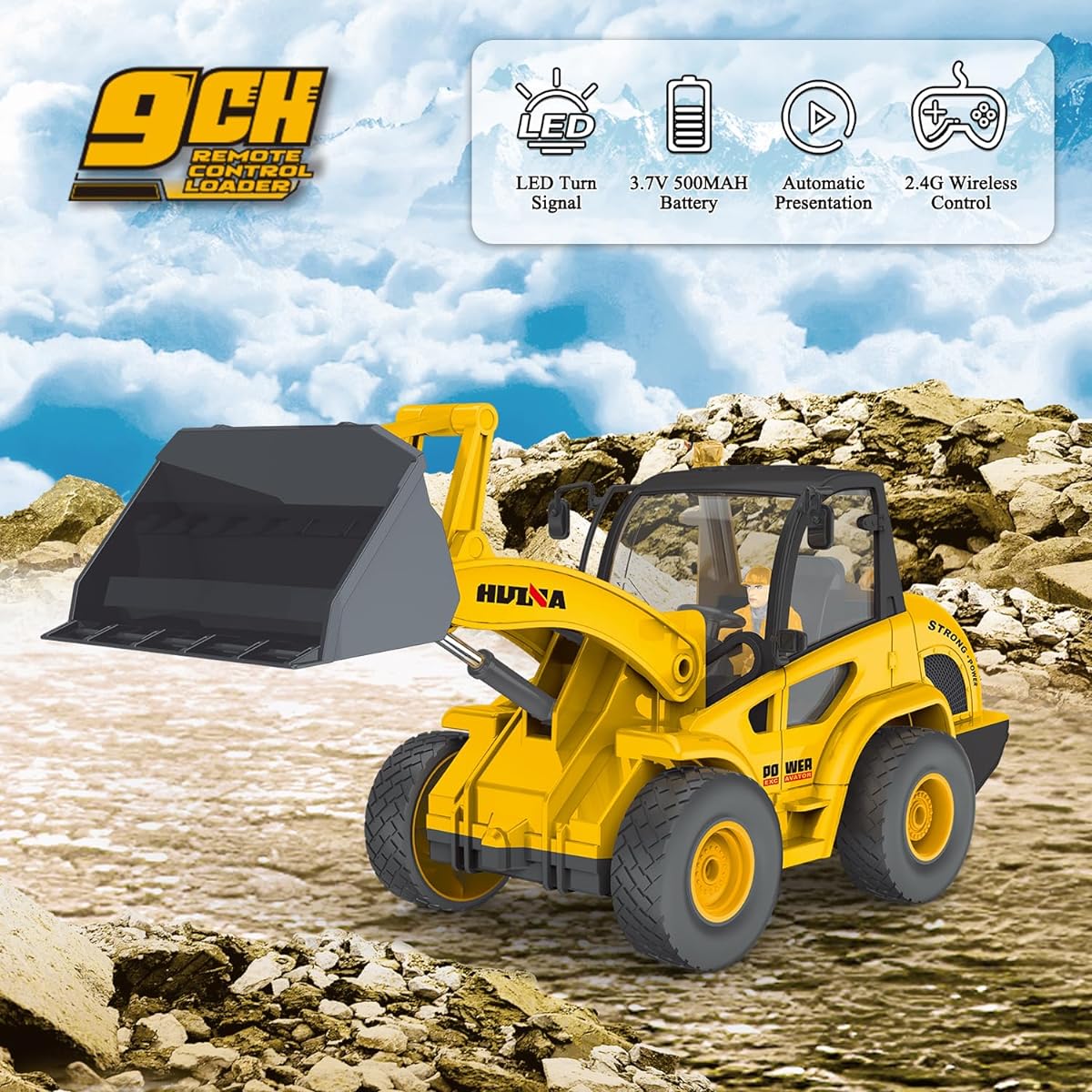 fisca Remote Control Front Loader 1/24 RC Front Loader Bulldozer 9 Channel Construction Vehicle Toy with Lights for Ages 8, 9, 10+