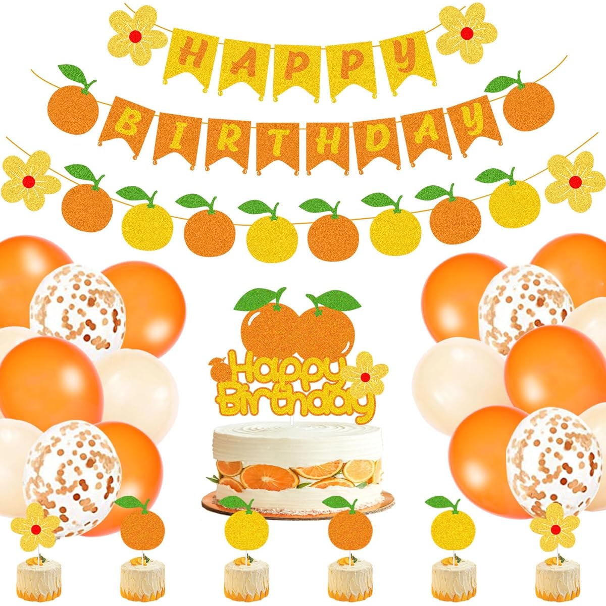 G-LOVELY'S Orange Happy Birthday Party Decorations Set Fruit Themed Party Supplies Orange Birthday Balloon Cake Topper Cupcake Toppers Banner Tangerine Decorations for Baby Shower Girls First Birthday