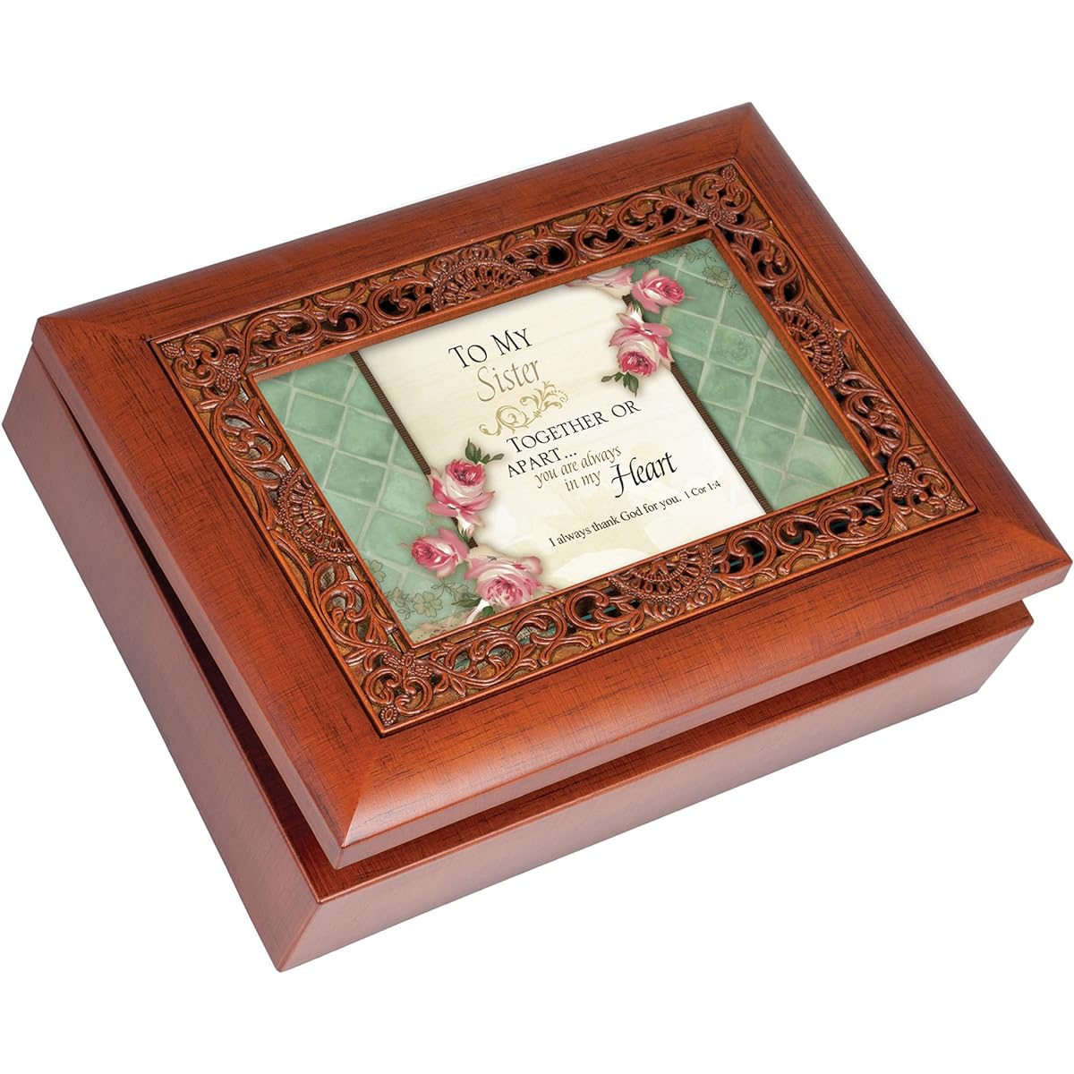 Sister Cottage Garden Inspirational Woodgrain Ornate Music Box Plays Amazing Grace