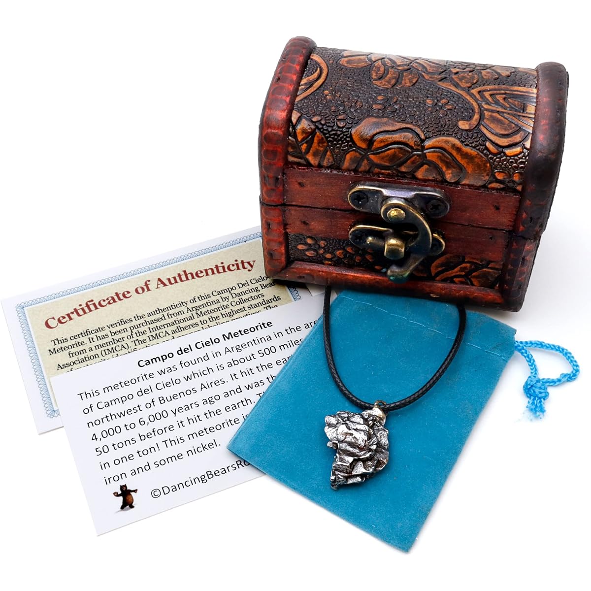 Authentic Meteorite Pendant Necklace with Adjustable Waxed Cotton Cord, Packaged in a Velvet Pouch inside Wooden Handcrafted Pirate Treasure Chest Box, Bonus Educational Card, Dancing Bear Brand.