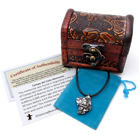 Authentic Meteorite Pendant Necklace with Adjustable Waxed Cotton Cord, Packaged in a Velvet Pouch inside Wooden Handcrafted Pirate Treasure Chest Box, Bonus Educational Card, Dancing Bear Brand.