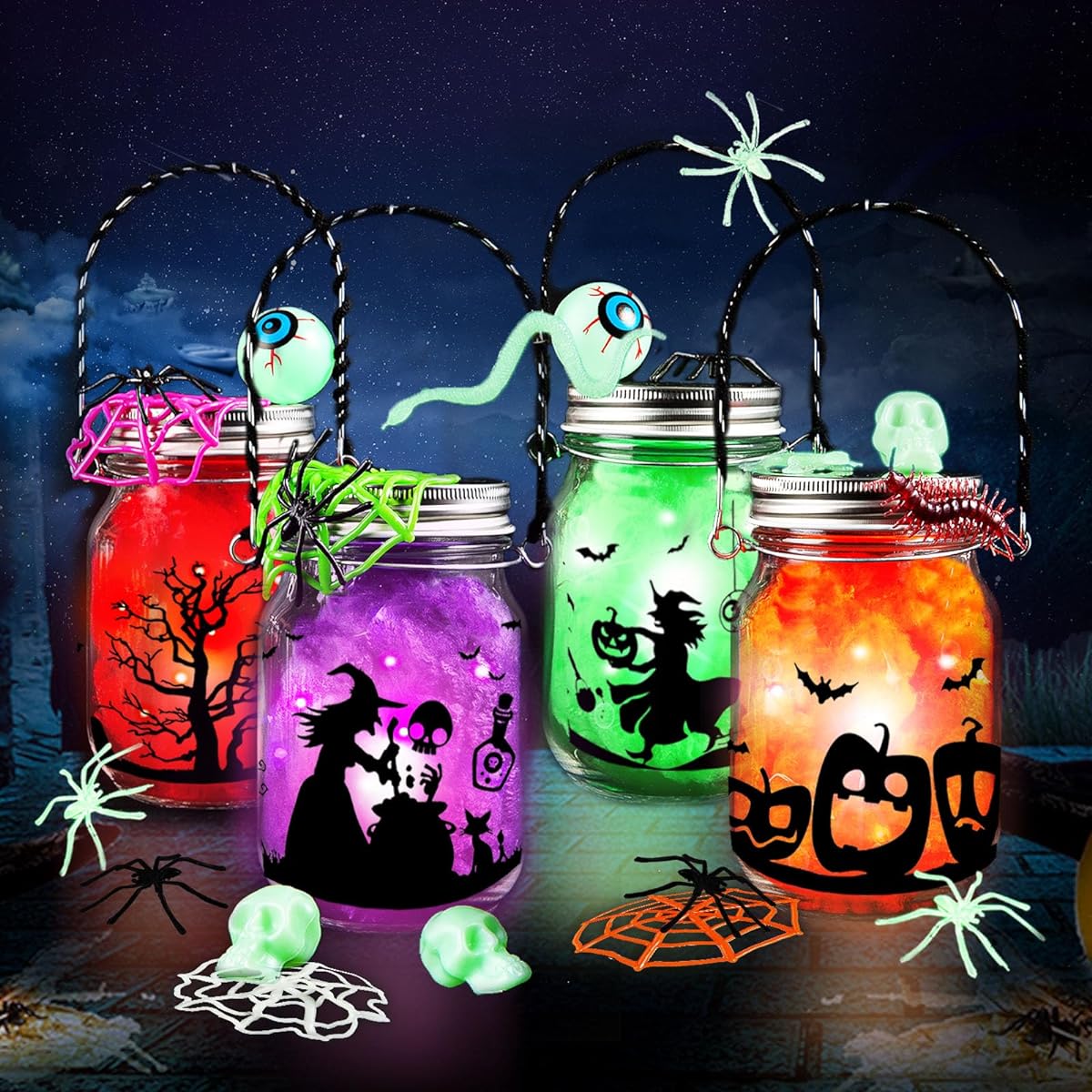Halloween Crafts for Kids, 4pcs Halloween Mason Jar Kit with Accessories, Kids DIY Halloween Art Activity Supplies, Gifts for 4-12 Year Olds, Trick or Treat Halloween Decorations for the Classroom