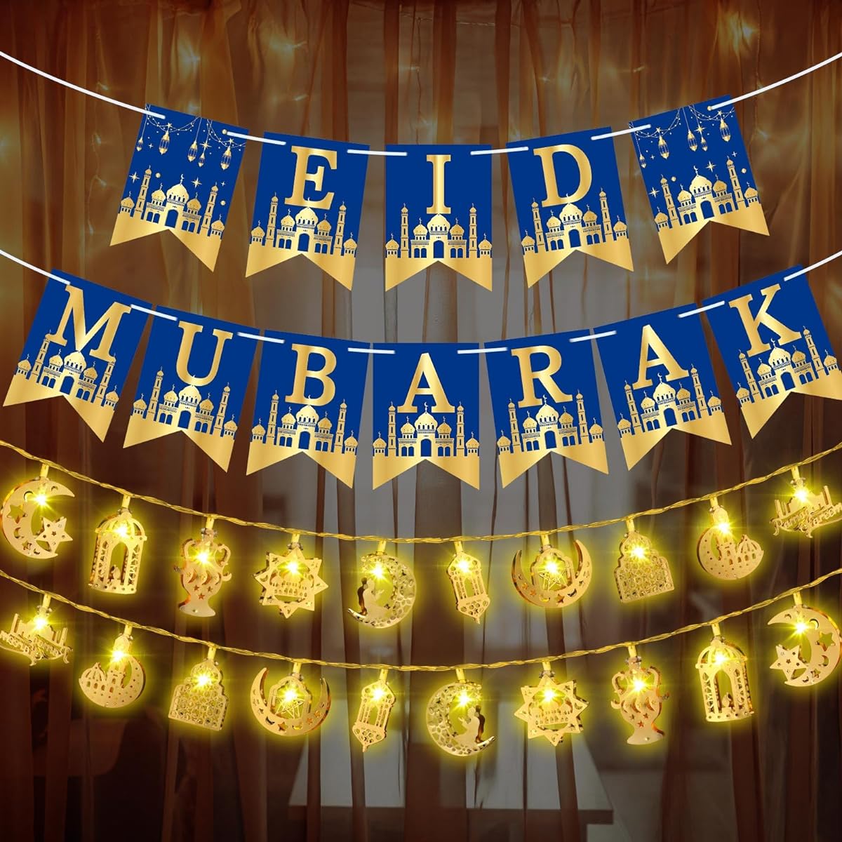 Tujoe Ramadan Eid Mubarak Banner Garland Ramadan Decorations with Ramadan LED Eid Moon Star String Lights Ramadan Kareem Outdoor Home Decoration Party Supplies(Blue)