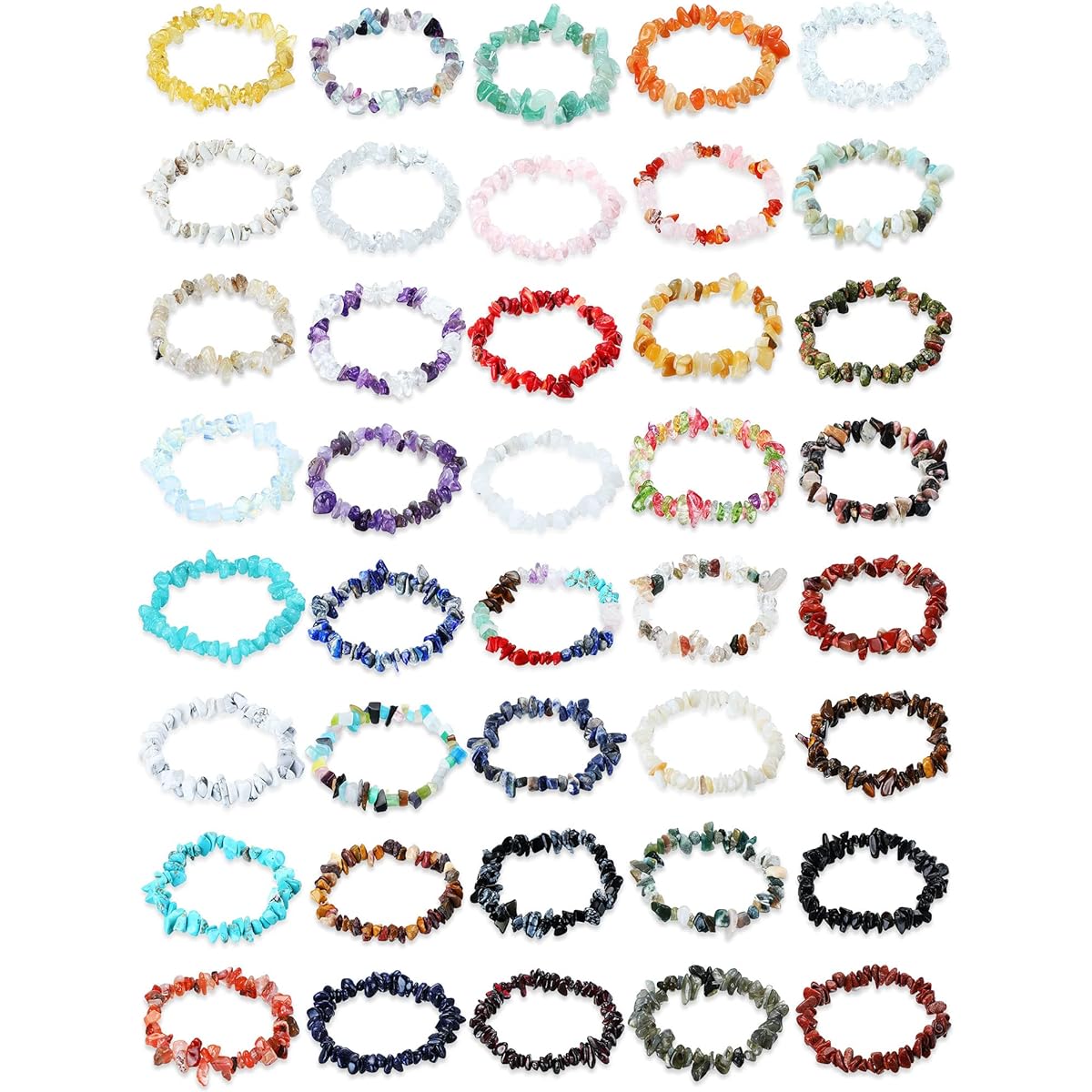 40 Pieces Natural Chakra Bracelet Healing Irregular Chip Gemstone Bracelet Anxiety Crystal Bracelet Spiritual Stone Stretch Bracelet for Women Men Reiki Yoga Anxiety, Bracelet