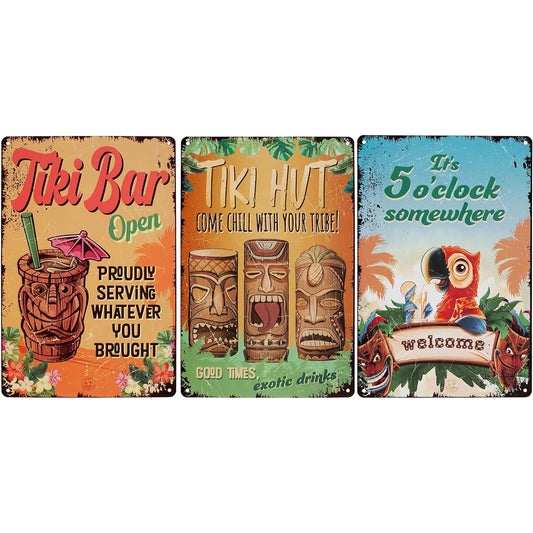 Aloha Nui Tiki Bar Sign 3 Piece Set Tiki Bar Decoration Outdoor Tiki Bar Open Tiki Hat & It's 5 O'Clock Somewhere Design 8x12 Inch 12 Screws Tiki Decoration