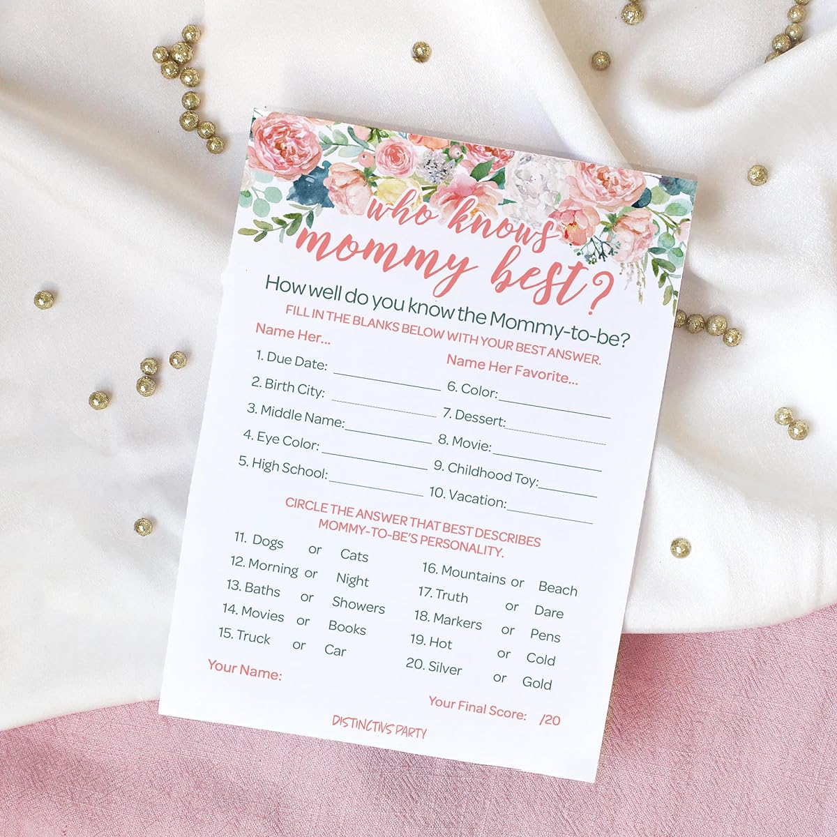 Who Knows Mommy Best Game Card - Floral Themed Baby Shower - 20 Cards