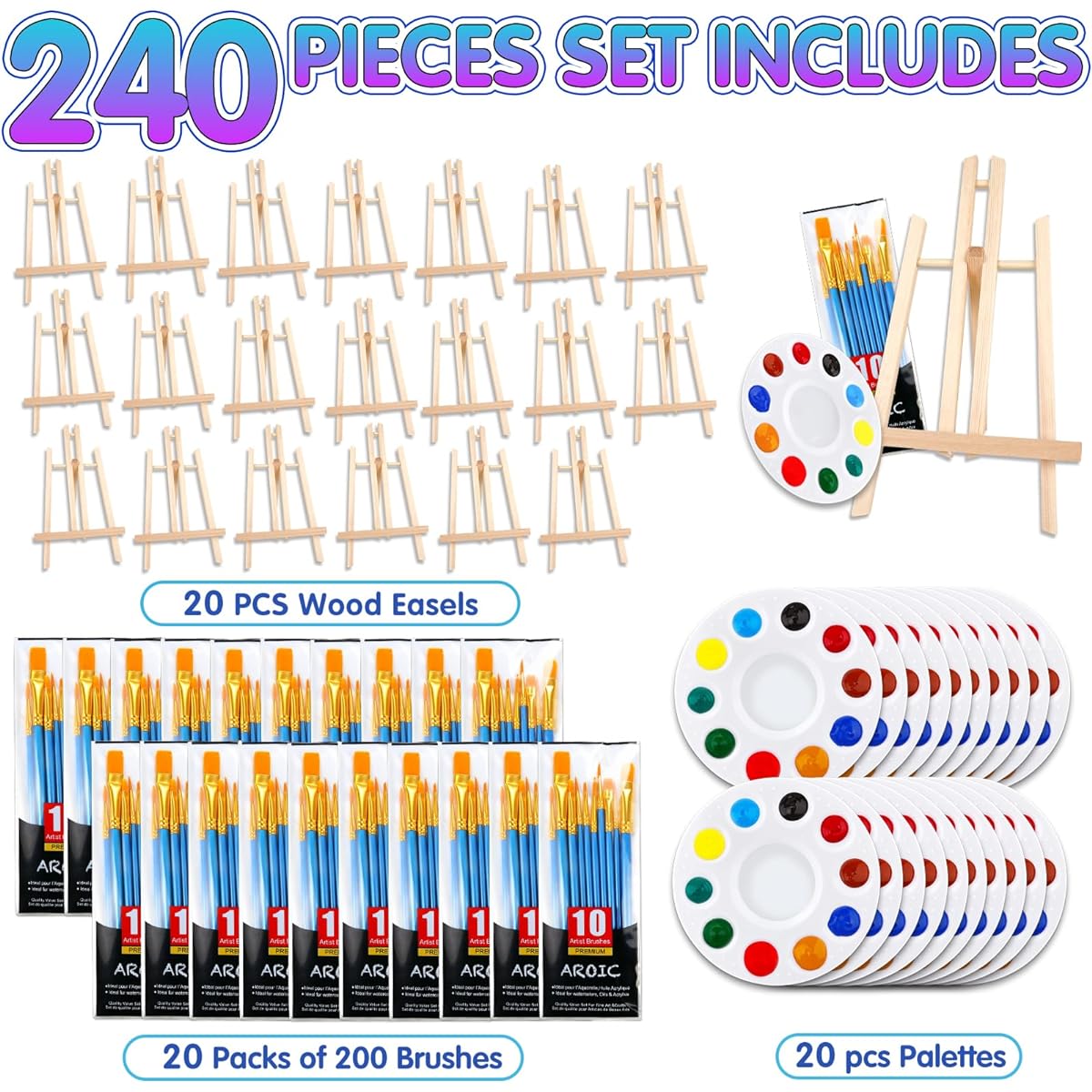 240 Piece Professional Paint Set with 20 Wooden Easels, 200 Brushes with Nylon Brush Heads and 20 Palettes, Art Supplies Kit for Kids & Adults, Great for Paint Parties