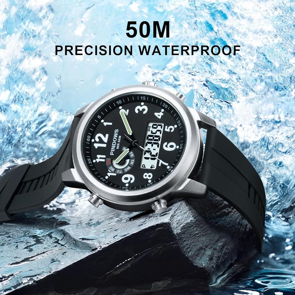 PINDOWS Men's Watch, Men's Waterproof Analog Digital Sports Watch, Multifunctional Heavy Duty Outdoor Watch (with LED Backlight, Alarm, Stopwatch, Calendar, Silicone Band)