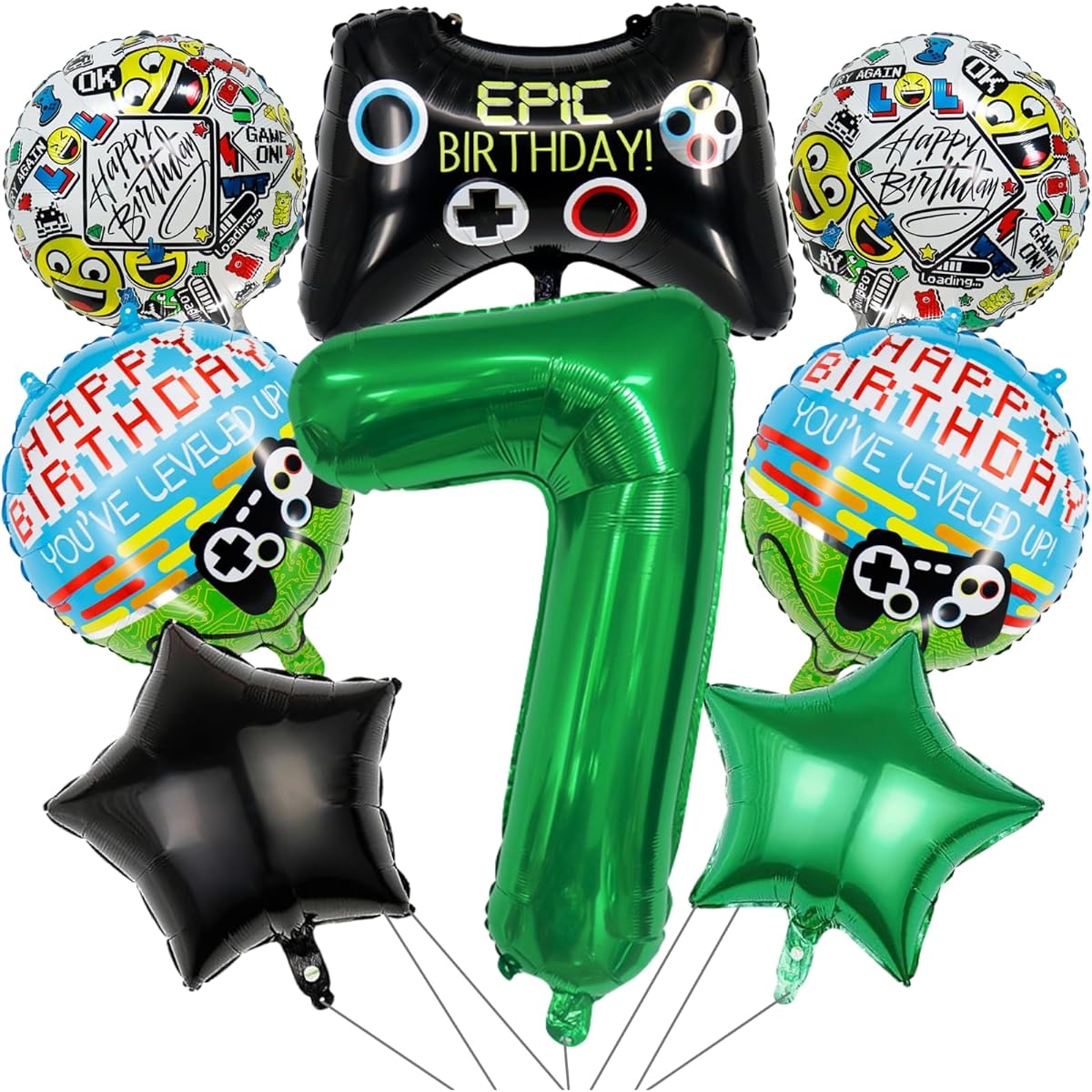 Video Game Party Balloons with Game Controller Birthday Balloon Green Number 7 Foil Balloon Round Game Balloon Star Foil Balloon Kids Boys 7th Birthday Decorations