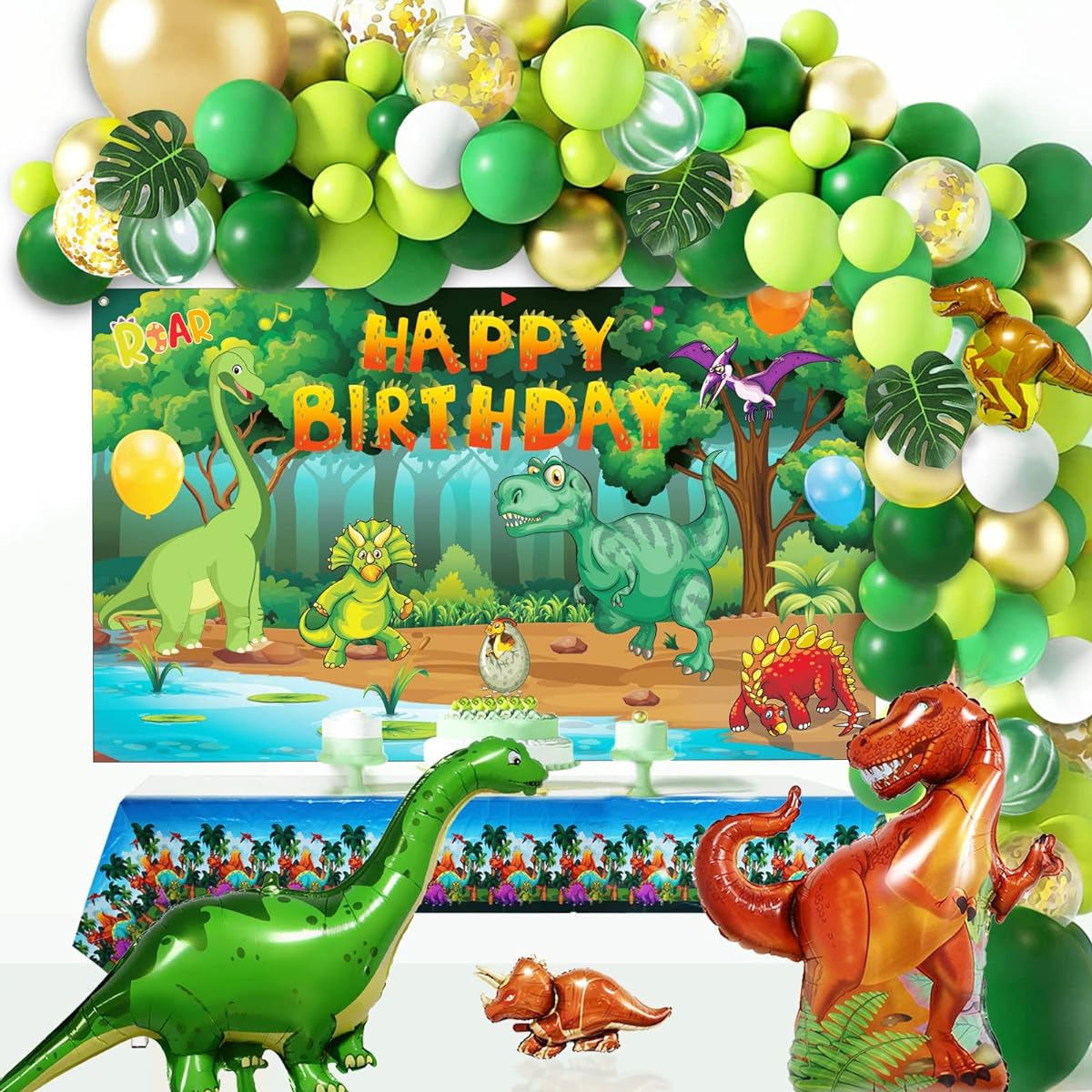 iPartycool Dinosaur Party Decorations Kit Dinosaur Theme Birthday Party Supplies with Dinosaur Backdrop Tablecloth Balloons Arch Garland Pump for Kids Boys