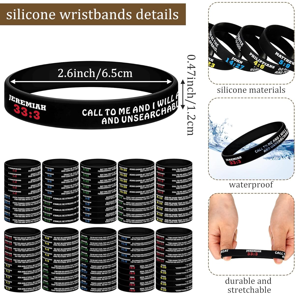 Bible Verse Bracelets Christian Bible Bracelets Bulk Rubber Religious Bracelets Silicone Bible Verse Wristbands Faith Hope Faith Wristband Bracelets for Adults Kids 100pcs, Medium, Rubber Silicone