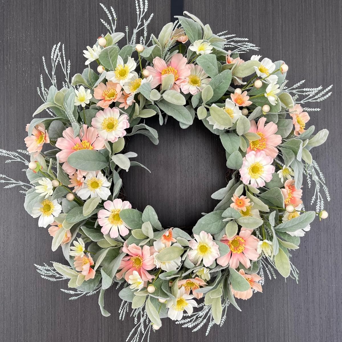 TOKCARE 22 Inch Spring Summer Wreath for Front Door Flocked Artificial Lamb Ear Wreath with Vibrant Silk Flowers and Green Leaves Home Farmhouse Holiday Decor Gift