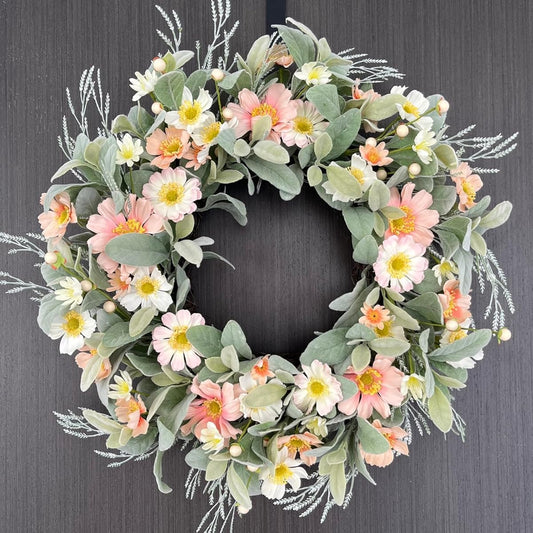TOKCARE 22 Inch Spring Summer Wreath for Front Door Flocked Artificial Lamb Ear Wreath with Vibrant Silk Flowers and Green Leaves Home Farmhouse Holiday Decor Gift
