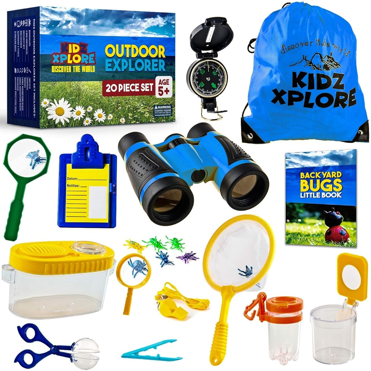 Kidz Xplore - Outdoor Exploration Set, Bug Catching Kit, Nature Exploration, Outdoor Games for Kids, Mini Binoculars, Compass Whistle for Kids, Magnifier, Adventure Educational Toy