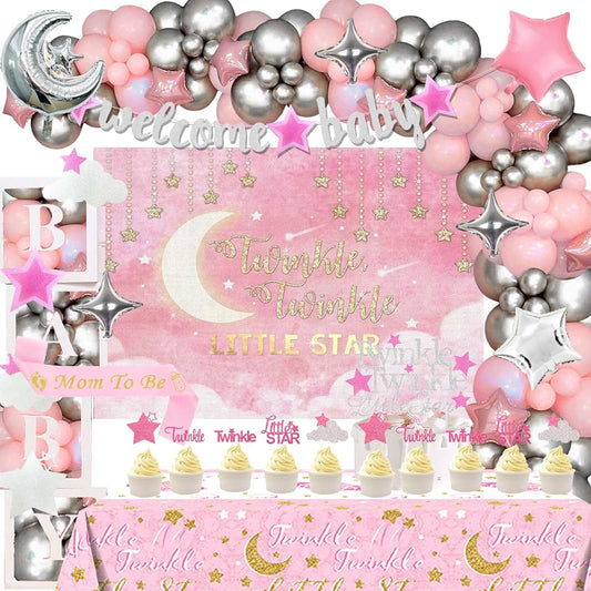 154 Pieces Twinkle Twinkle Little Star Baby Shower Decorations by Hombae Pink Little Star Baby Shower Decorations Backdrop Balloon Garland Banner Tablecloth Cake Cupcake Toppers Box Cutouts Pink Silver