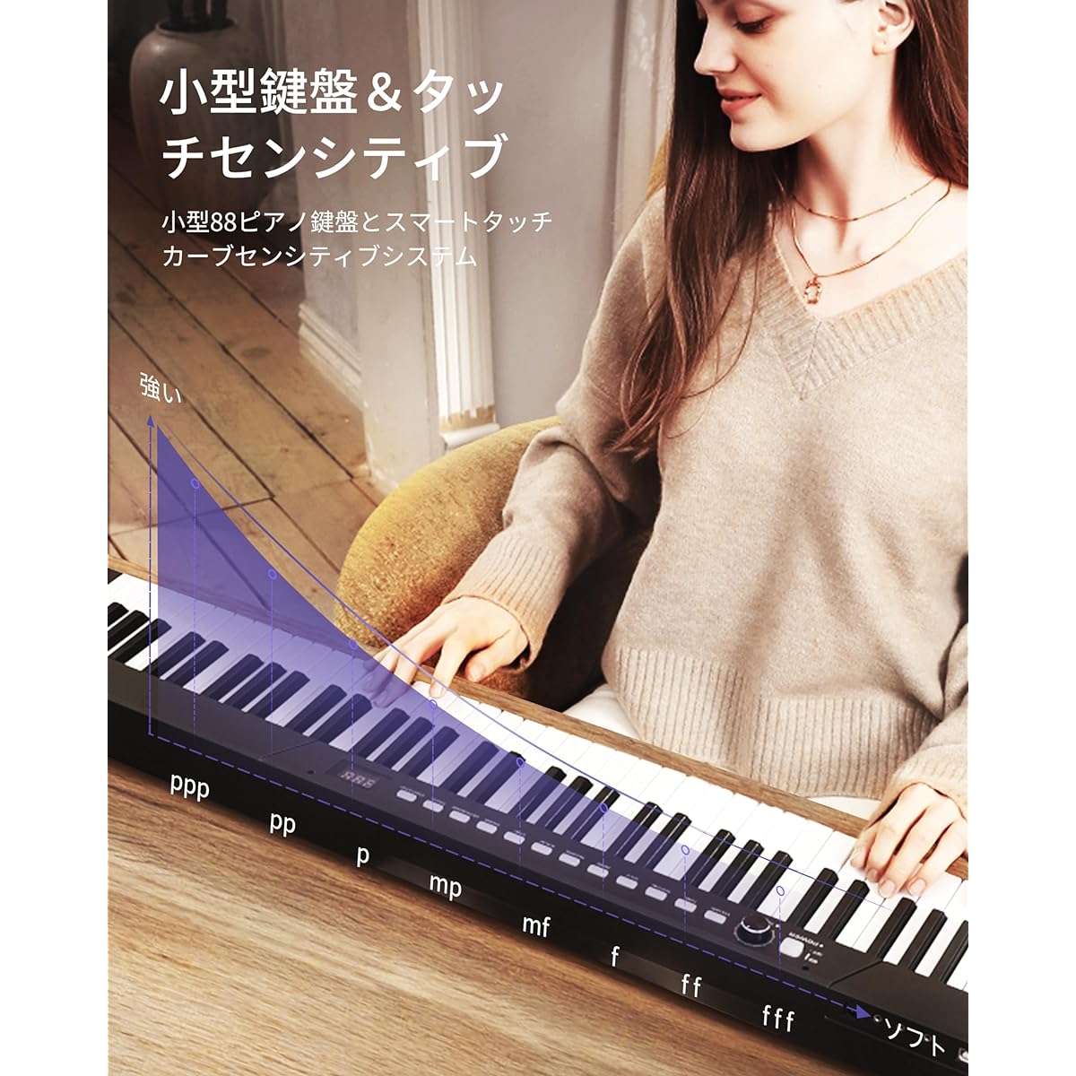 mode. The electronic lowboard 88-key keyboard has 128 tones, 128 rhythms, and can be powered by an AC adapter or 4 alkaline AA batteries. MIDI function and various external connections, keyboard stand, headphones, sustain pedal, music stand, storage bag