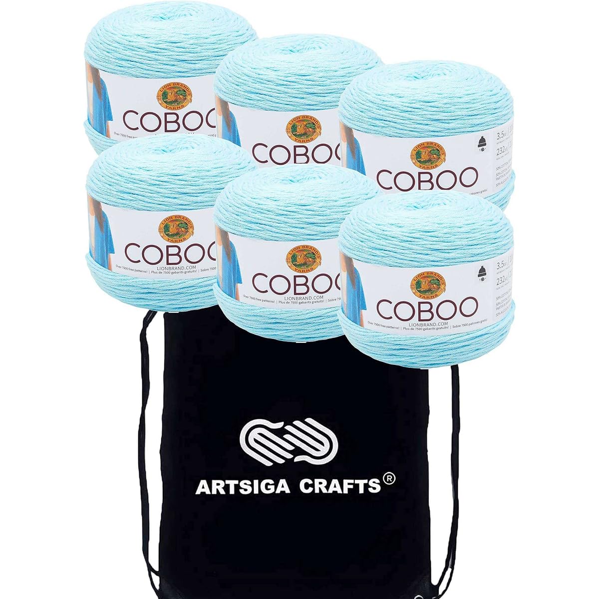 Lion Brand Coboo Ice Blue 835-106 (6 Skeins) Same Dyed Lot DK Light Worsted #3 Soft Knitting Yarn Crochet 50% Cotton 50% Bamboo Bundle with 1 Artsiga Craft Bag