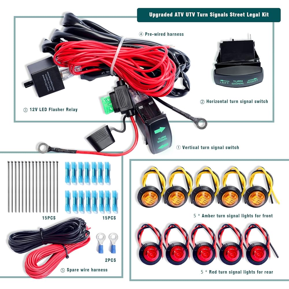 ATV UTV Turn Signal Kit with Turn Signal Rocker Switch Compatible with Polaris RZR Ranger Turbo Can-Am Street Legal Kit Side-by-Side Turn Signal Light Kit (Vertical & Horizontal No Backlight Green)