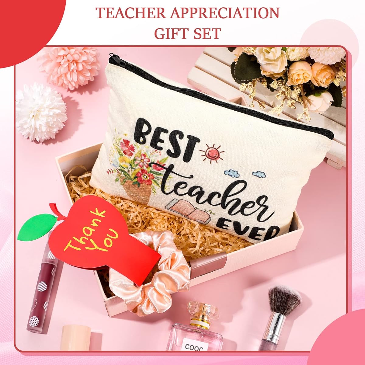 Teacher Appreciation Gifts - 24 Piece Teacher Kit with Makeup Cosmetic Bag, 12 Piece Satin Scrunchies and Thank You Cards - Back to School Gifts for Teachers, Women, Multicolor, One Size