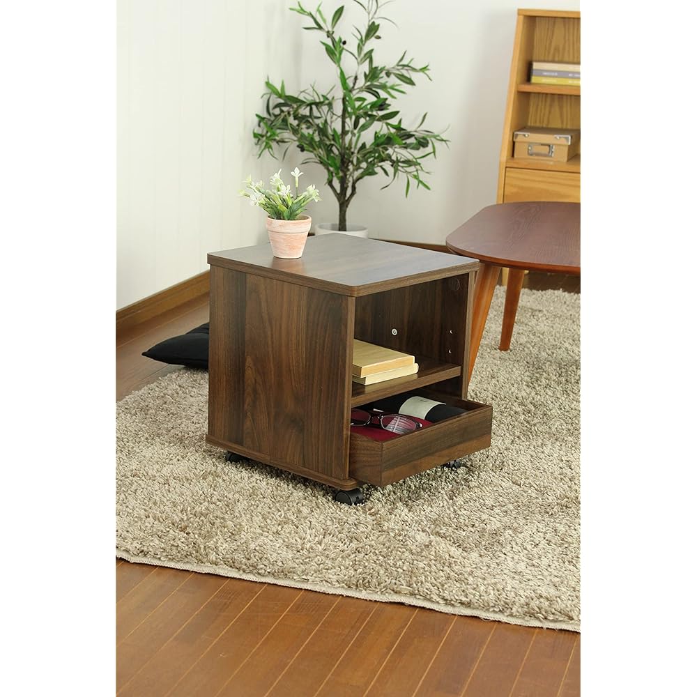 MIYAGUCHI Miyaguchi Co., Ltd. Wooden Side Table with Casters 30 x 30 Universal Wagon Side Wagon 2 Tier Simple Table Small Mini Table Brown MTKMK-0045BR