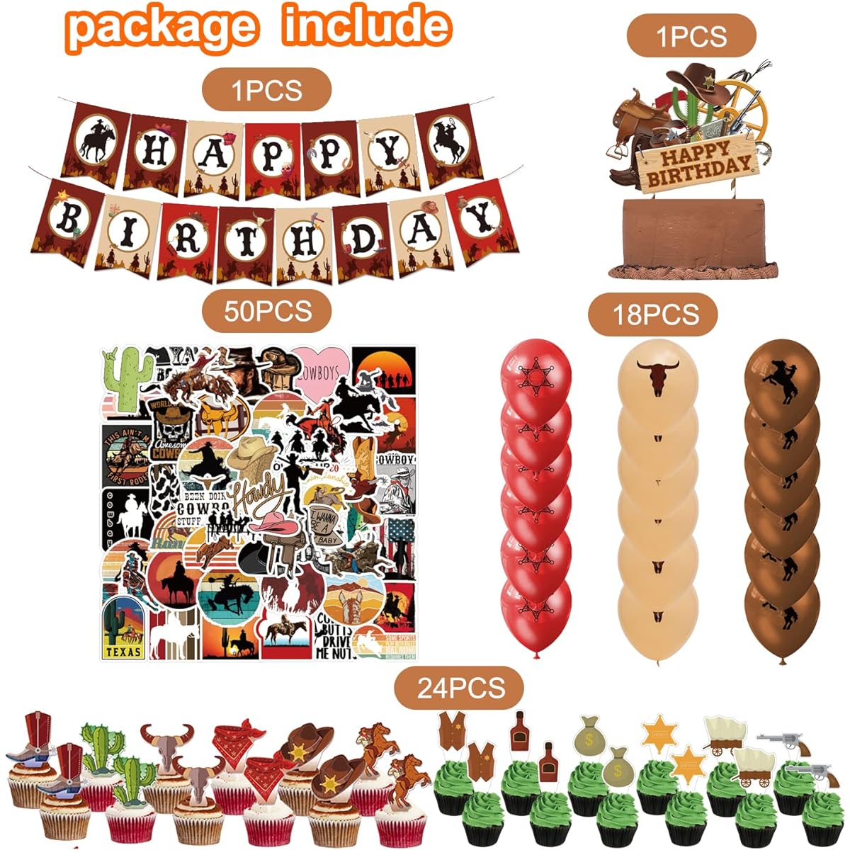 94 pieces cowboy birthday party decorations.