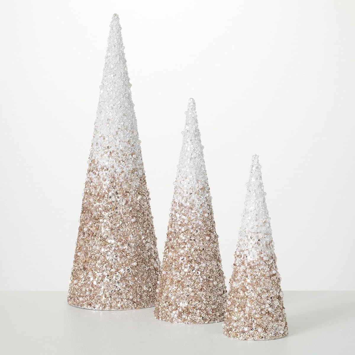 Sullivans Beaded Cone Tree Set 11.5" Tall, 14.75" Tall, 20" Tall, Christmas Decorations, Gold