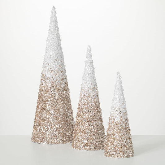 Sullivans Beaded Cone Tree Set 11.5" Tall, 14.75" Tall, 20" Tall, Christmas Decorations, Gold