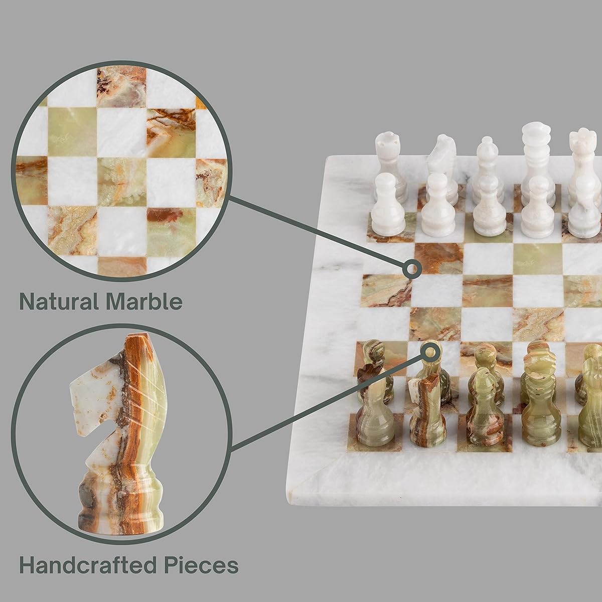 Handmade Marble Chess Set with Magnificent Stone Chess Board and Handcrafted Pieces