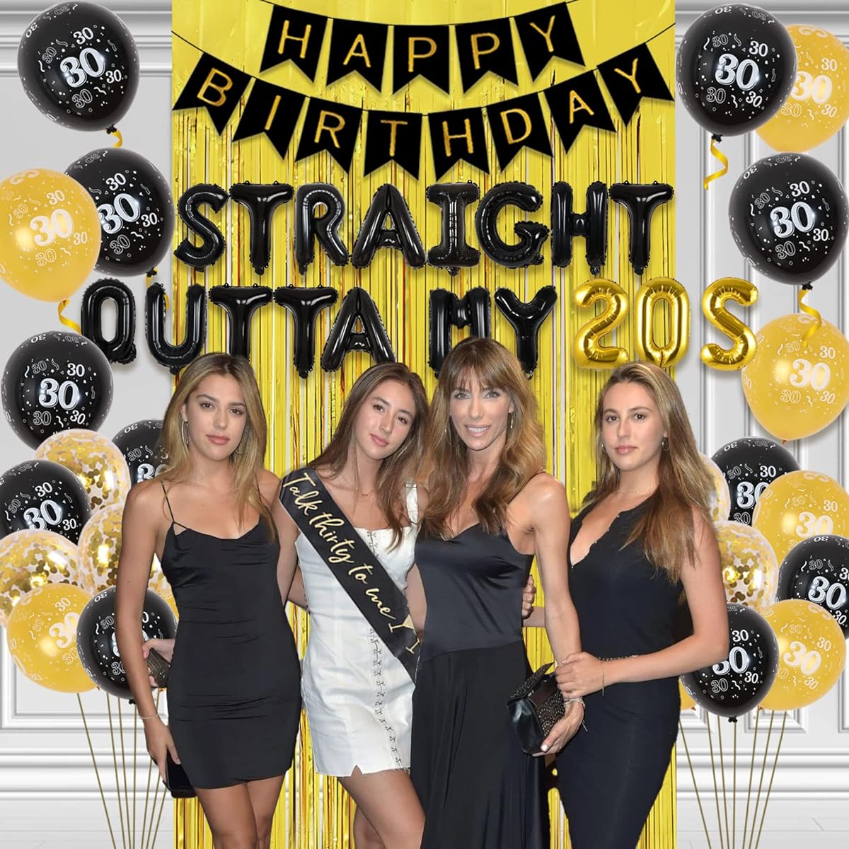 Wonmelody 30th Birthday Decorations Black Gold Men Women Straight Outta My 20s Foil Balloons Talk 30 to me Birthday Decorations Sash Gold Fringe Curtain Straight Outta My 20s Glitter Cake Topper