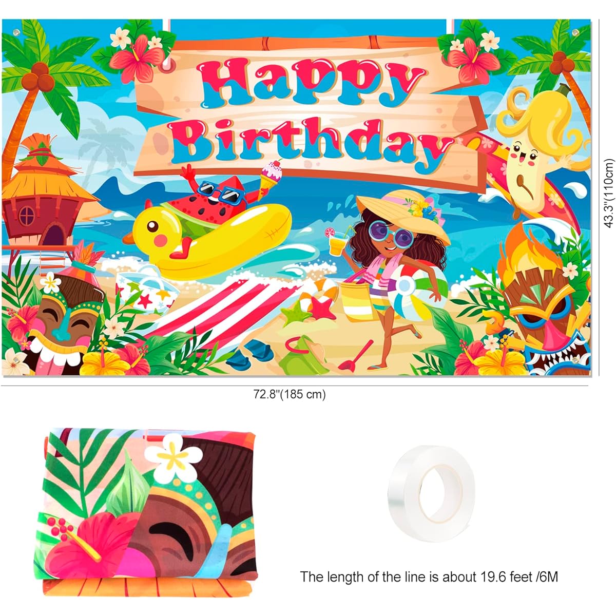 HOWAF Summer Themed Happy Birthday Backdrop Banner, Summer Beach Themed Birthday Party Banner, Hawaiian Luau Birthday Party Supplies, Tropical Themed Birthday Photo Backdrop Banner