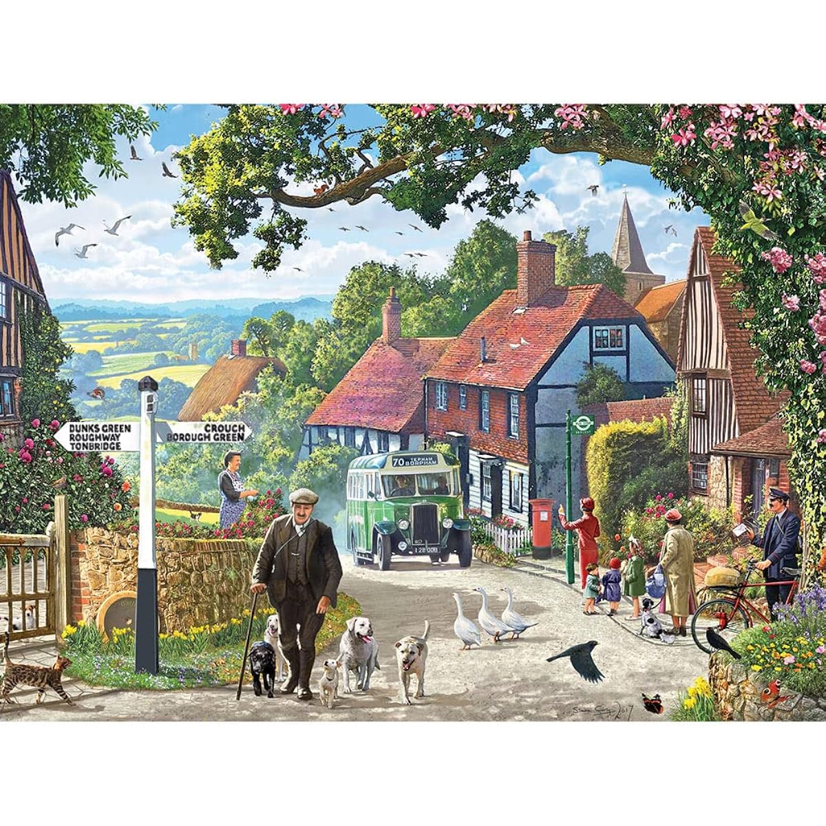 Bits and Pieces - 1000 Piece Jigsaw Puzzle for Adults 20" x 27" - Country Bus - 1000 Pieces Small Town in the British Countryside by Artist Steve Crisp